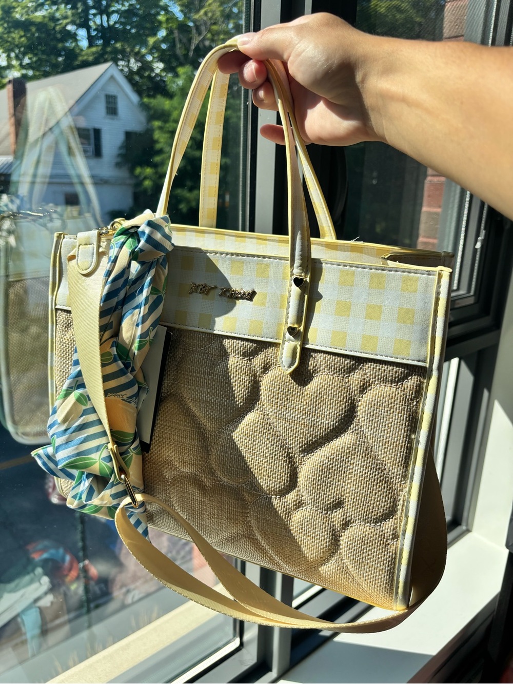 Betsey Johnson Burlap Yellow Structured Tote Bag with Lemon Twilly/Headband